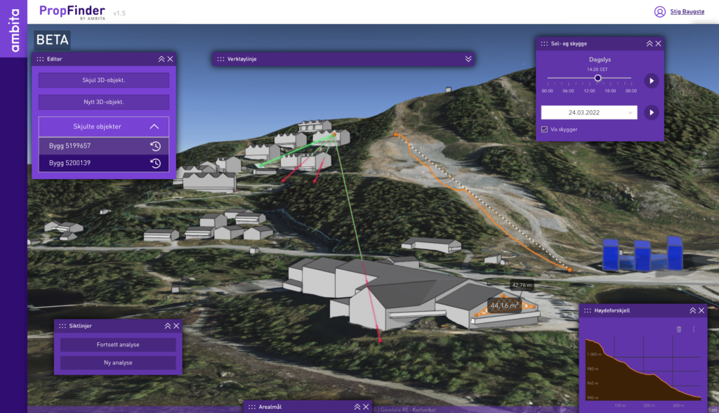 Skjermbilde fra Ambitas tjeneste, PropFinder, som viser eiendomsdata over 3D-illustrasjoner av bygg